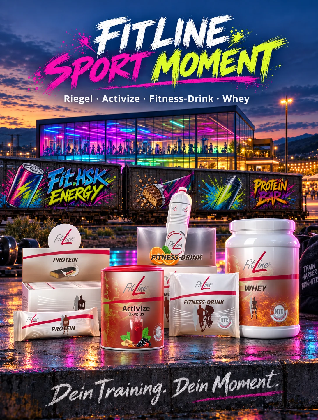 FitLine Sport Moment mit Fitness-Drink, Activize, Proteinriegel und Whey vor einer beleuchteten Sporthalle